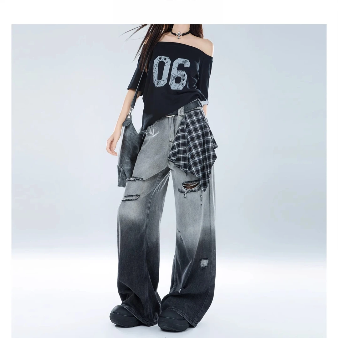 美式渐变阔腿牛仔裤2025秋季新款高腰拼接设计垂感宽松时尚直筒裤