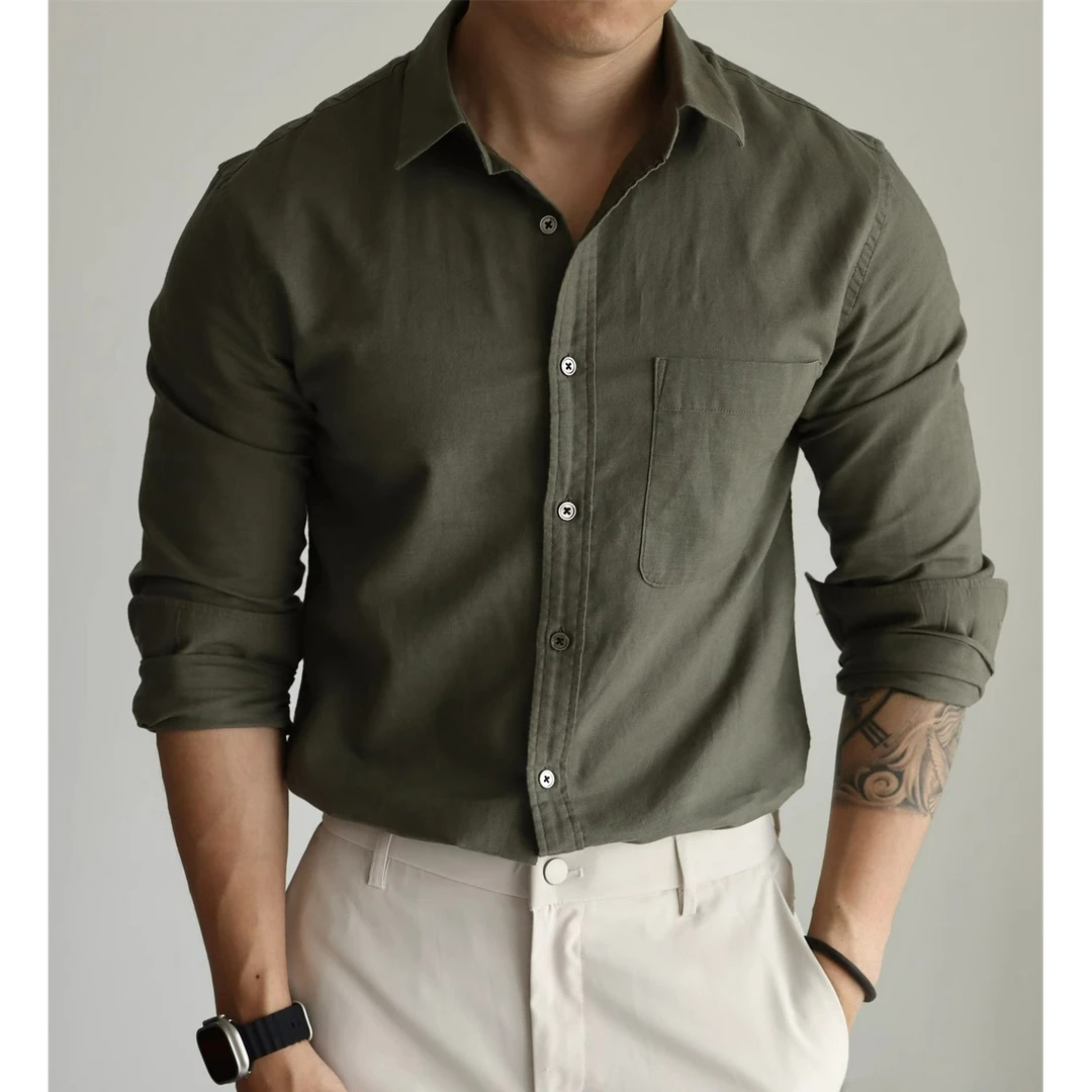 奥兰德保罗高端亚麻棉长袖衬衫休闲商务翻领通勤修身衬衣外套春夏