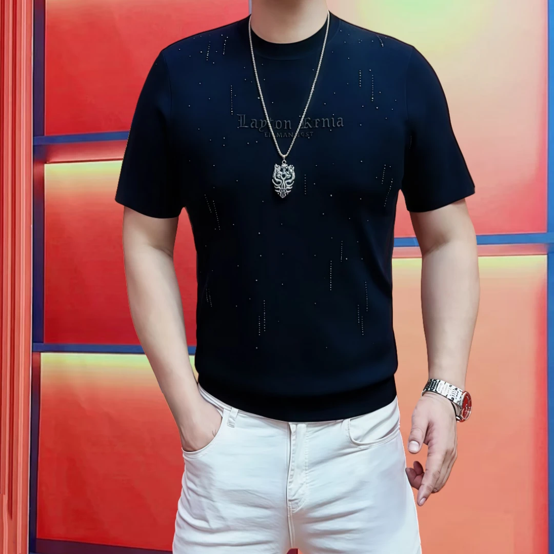 秋季男士轻奢高品质纯色修身短袖T恤针织圆领烫钻休闲百搭打底衫