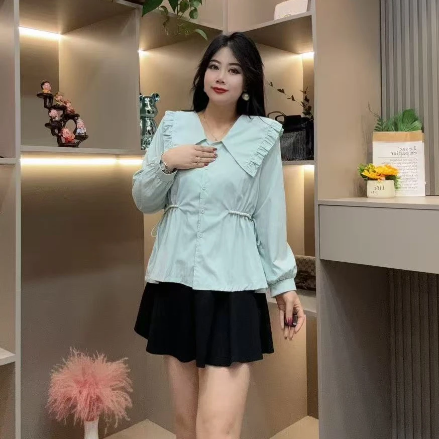 秋季上衣-璐 8809秋季大码抽绳收腰显瘦娃娃领可爱韩版百搭上衣