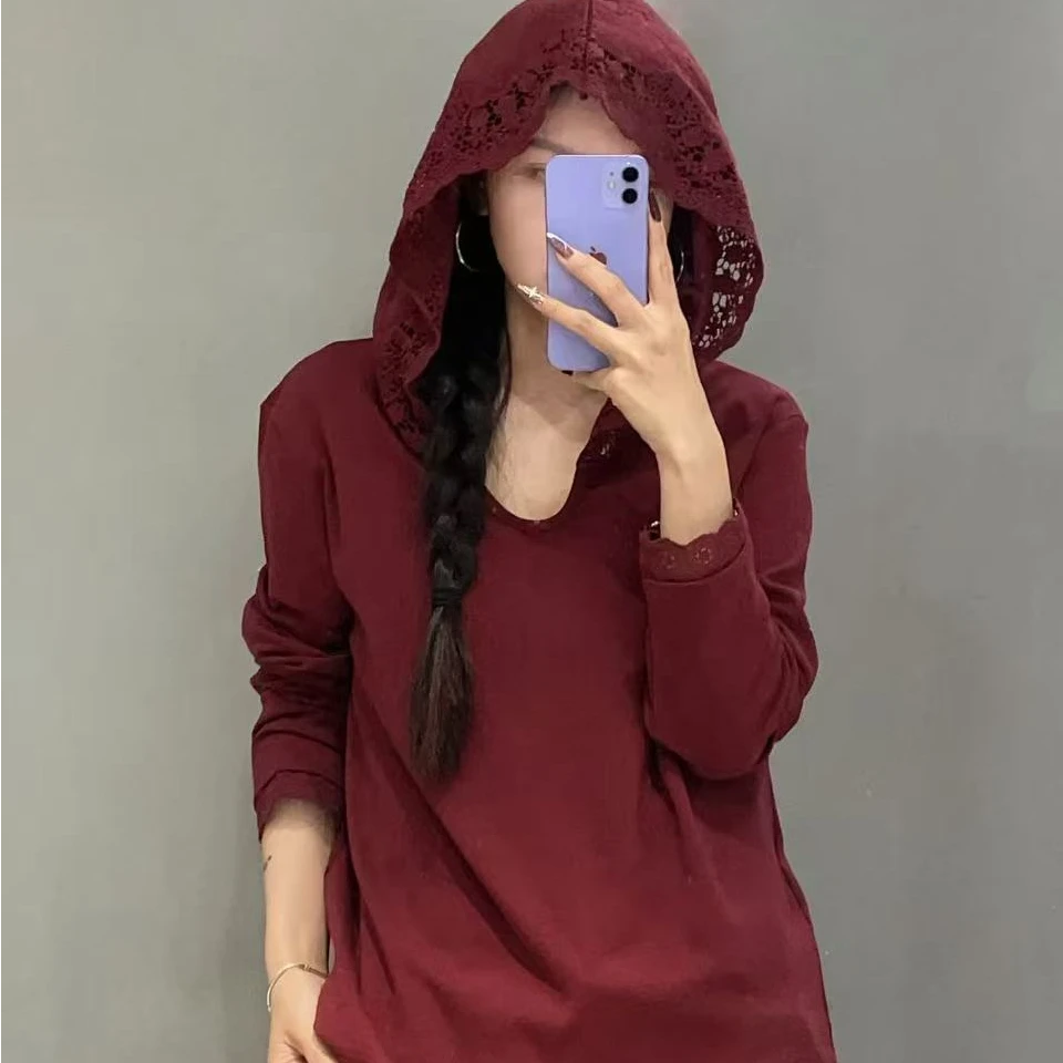 文姐服饰[8172]高弹力精梳棉百搭蕾丝花边帽衫长袖打底衫