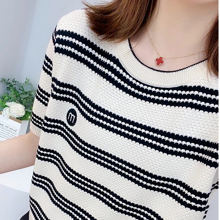 店铺爆款大码冰丝夏季新圆领条纹短袖时尚宽松显瘦百搭短袖针织衫