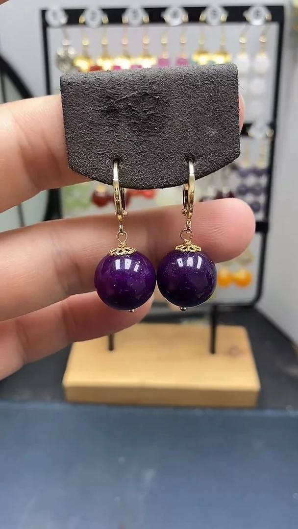 银S925镀金镶嵌苏纪石（舒俱来）耳坠尺寸14mm耳扣11