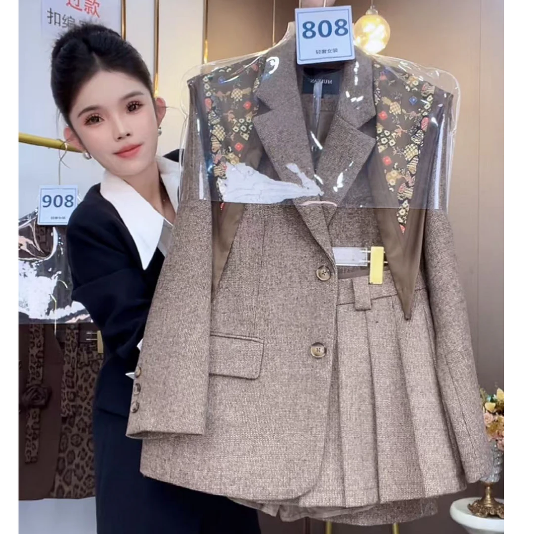 学院风西装外套女春秋2025新款高级感百褶裙加厚职业套装