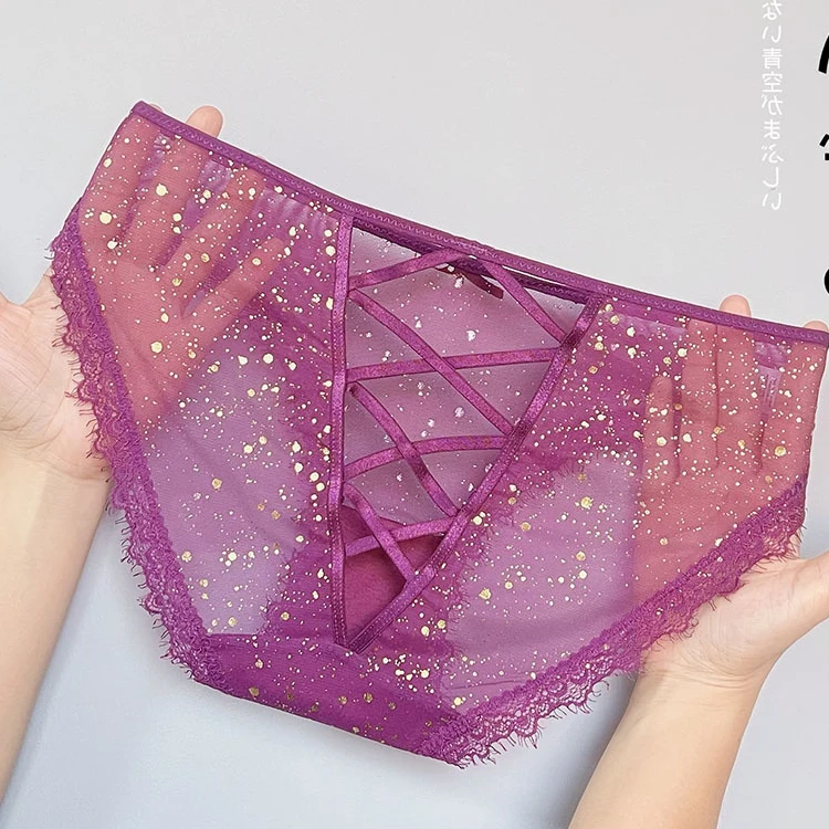 2026新品法式蕾丝性感亮片波点网纱镂空交叉火辣无痕包臀女三角裤