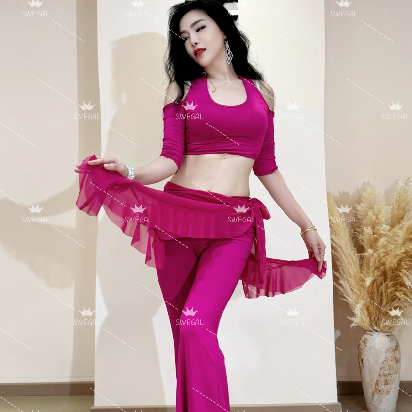 swegal肚皮舞服装秋冬练功服莫代尔露肩挂脖上衣微喇裤装显瘦显白