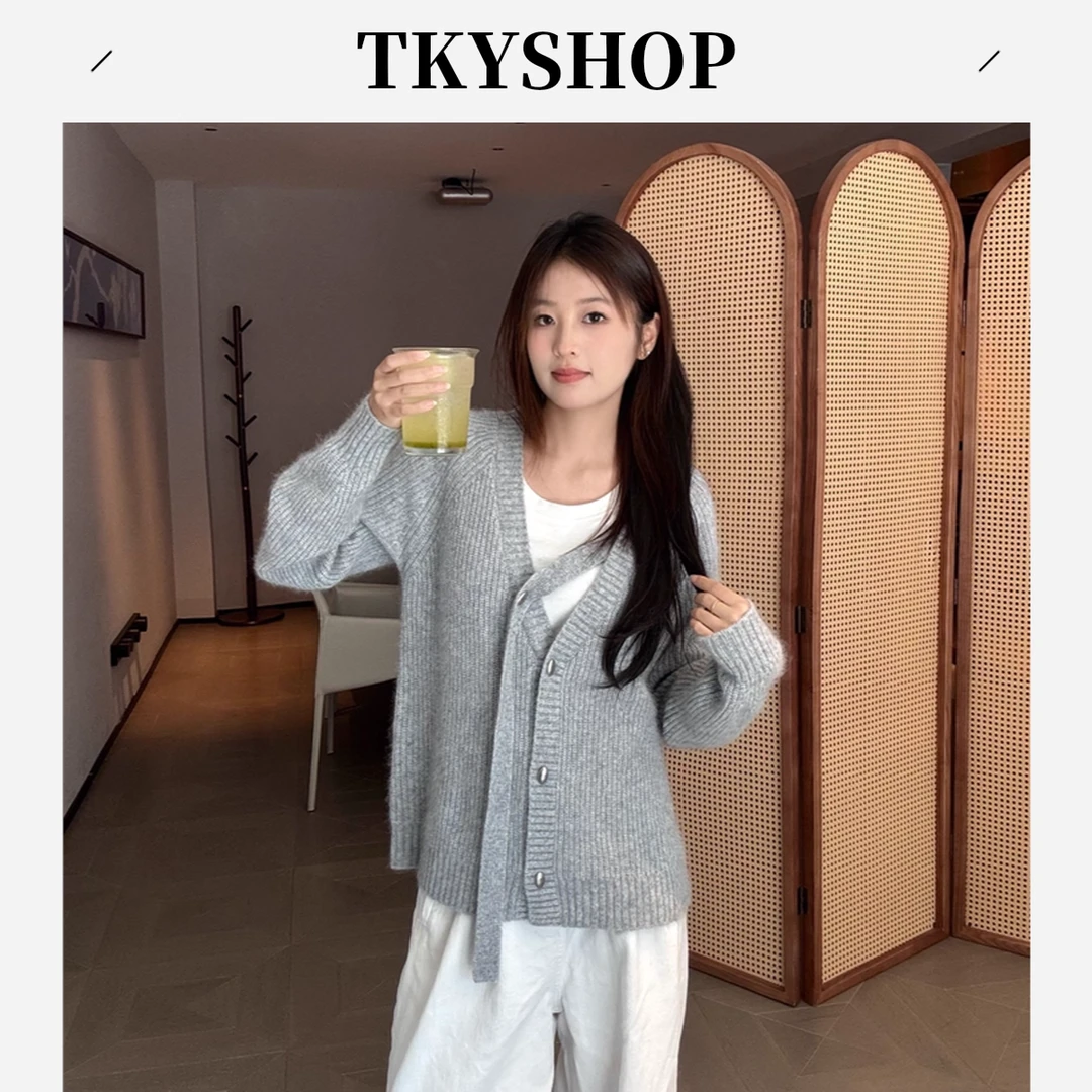TKYSHOP文艺风长袖毛开衫秋款灰色宽松不规则针织衫 10H1MA00G084