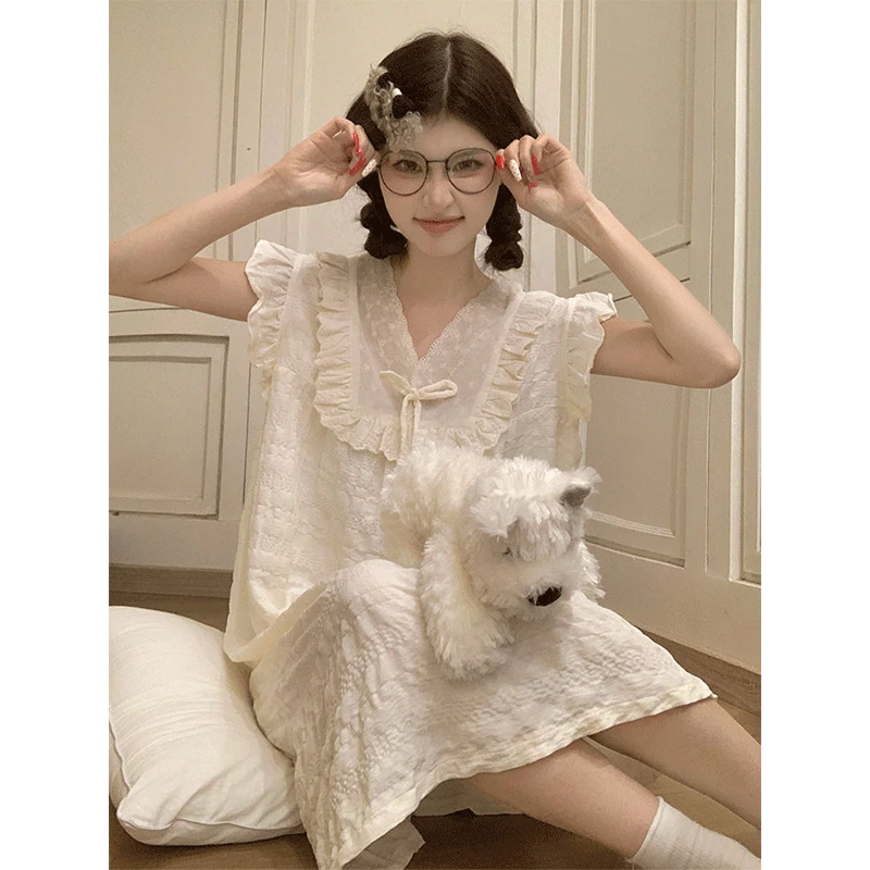 带胸垫睡衣女士夏季薄款小飞袖云朵棉睡裙2025新款可爱家居服蕾丝