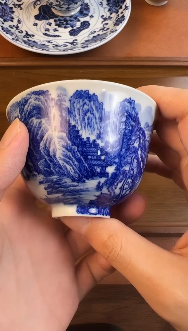 问青坊纯手工手绘青花山水柴窑主人杯
