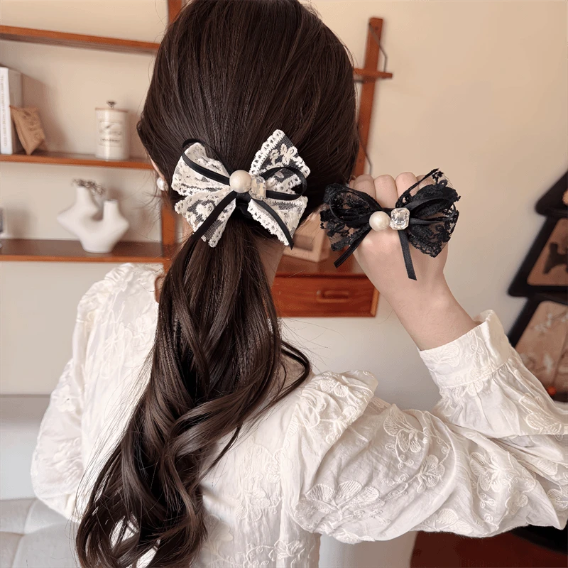 法式高级感蕾丝花边蝴蝶结发圈重工钻钻高弹力头绳珠珠超仙发绳女