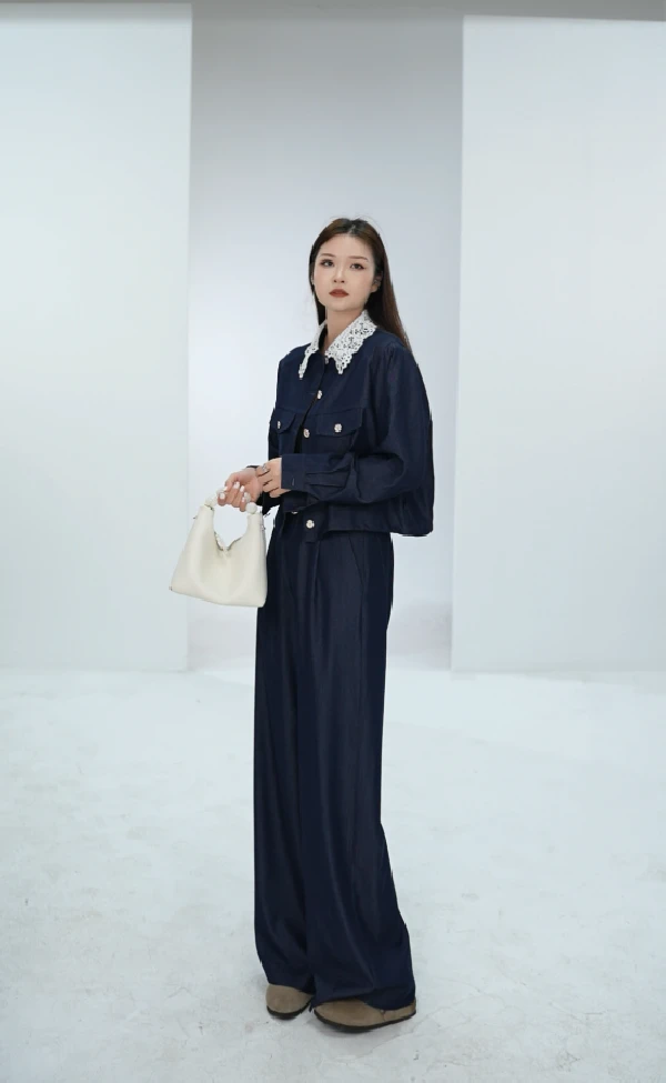 2025薄款蕾丝宽松型POLO领成人衬衫春夏时尚翻领牛仔套装