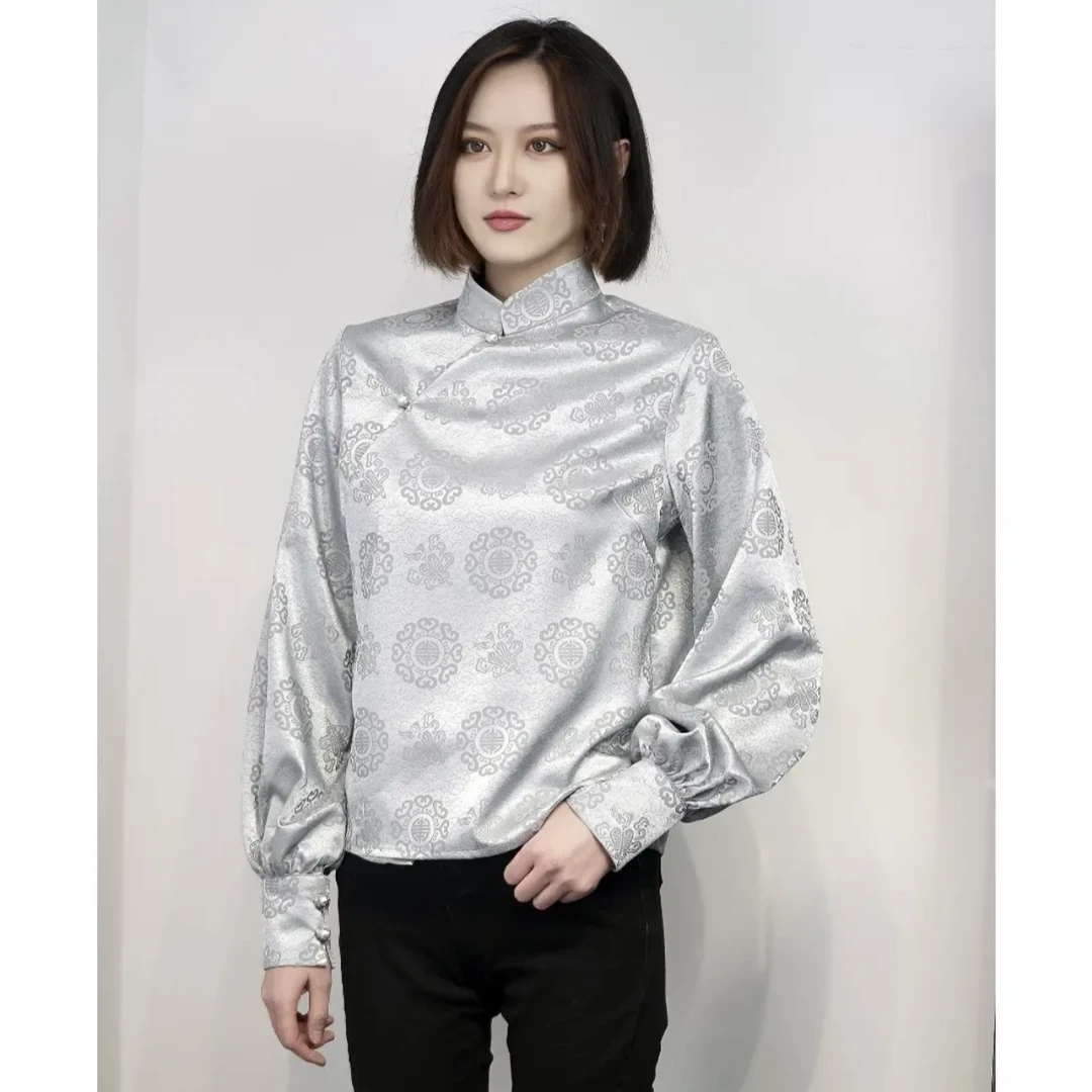 气质时尚中国风提花衬衫立领长袖衬衫