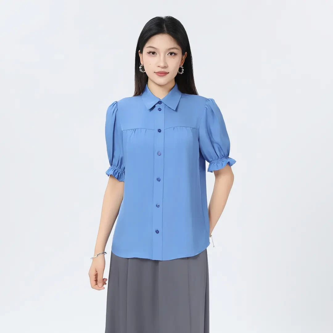 AMASS/阿玛施夏季新款泡泡袖衬衣气质百搭短袖抽褶衬衫上衣530007