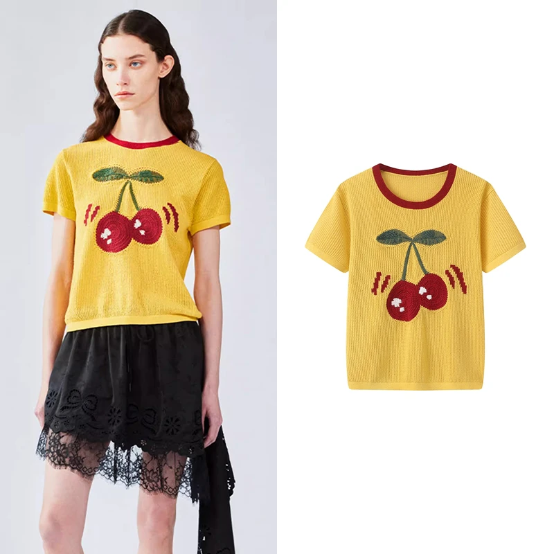 【丫丫订单】2025夏季新款经典手钩动感樱桃毛衫T恤U5616
