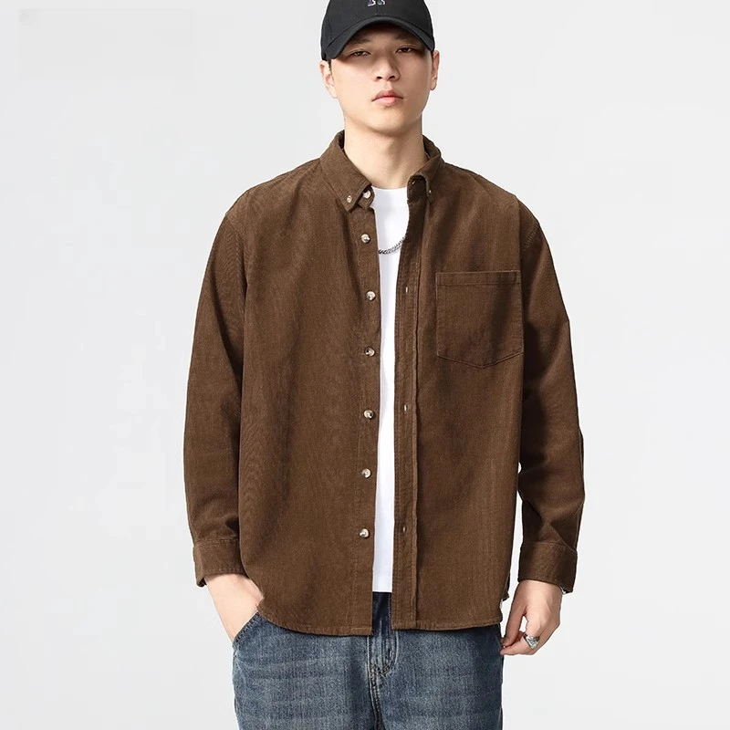 高端咖色柔感灯芯绒休闲衬衫男秋季韩版纯棉微宽松修身长袖衬衣男