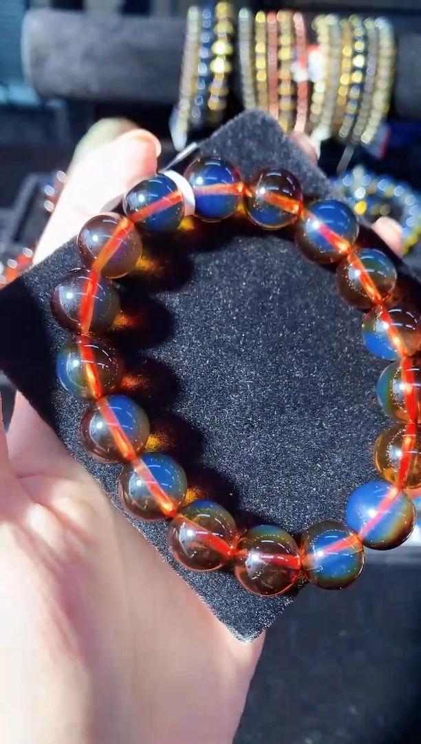 未镶嵌琥珀珠宝奇石12mm红蓝绿魔变色龙手串