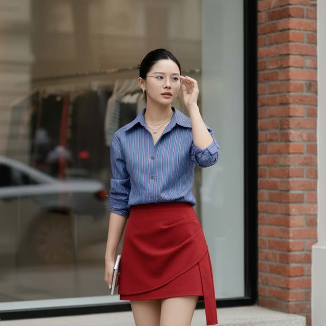 2025初秋新款御姐风撞色polo领长袖衬衫女休闲上衣SHBZXP641073