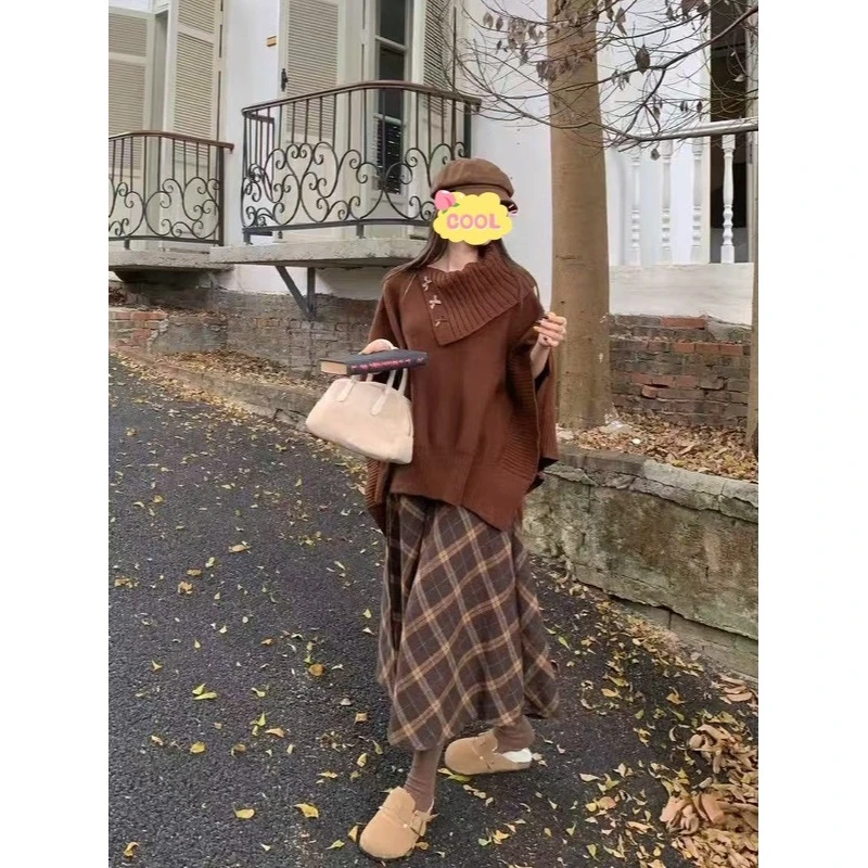 【大菜小肥打版】大码不规则斗篷针织衫毛衣复古格纹半身裙套装