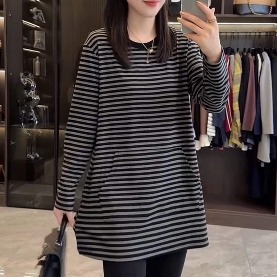 条纹中长款卫衣女秋季新款休闲简约韩版宽松上衣遮肉百搭长袖顺