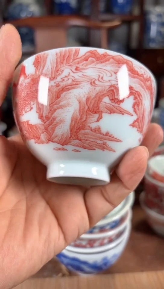 柴窑釉里红山水杯杯