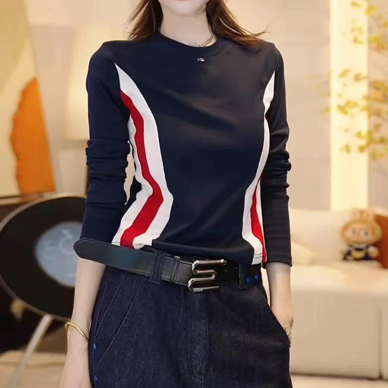 时尚休闲T恤女2025秋季新款修身百搭显瘦圆领撞色条纹拼接长袖潮