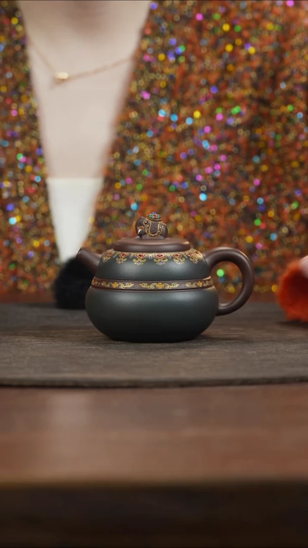 【闪购商品】紫砂茶叶罐大象钮葫芦壶天青珐琅彩釉