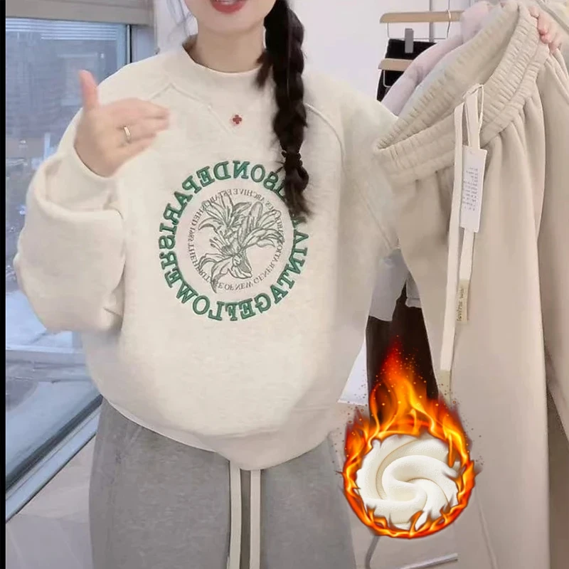 圆领套头字母刺绣冬季厚款女卫衣上衣打底宽松半高领