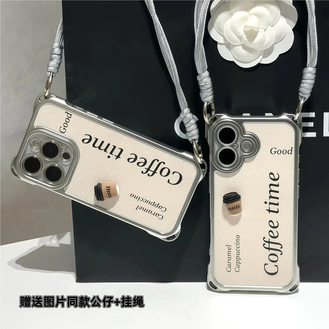 适用iphone15/16promax简约ins风立体咖啡公仔挂绳壳苹果14Plus软