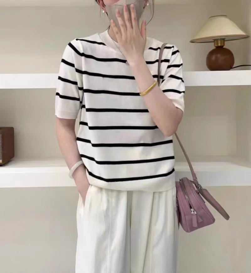 82739夏季超柔软糯显瘦气质条纹百搭短袖