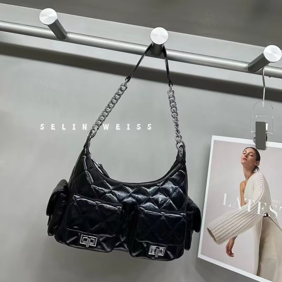 小香风女士包包时尚斜挎腋下包真皮双口袋月牙包菱格链条单肩包