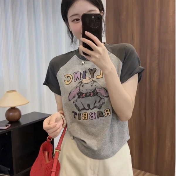 【兔子】美式撞色正肩款插肩袖显瘦圆领短袖T恤