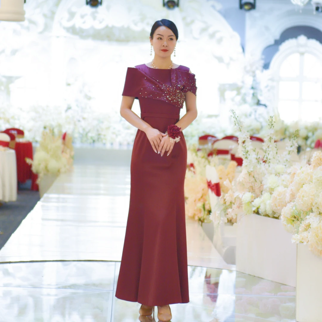 欧妃媛婚宴礼服24007长款修身酒红色时尚鱼尾高端轻奢喜妈妈