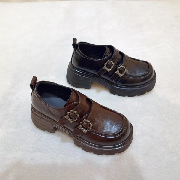 萨玛驰黑色乐福鞋厚底防水台英伦风增高单鞋复古风爆款双搭扣设计