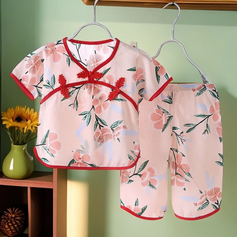 儿童款睡衣夏季薄款棉绸套装小孩民族风空调服宝宝绵绸女童家居服