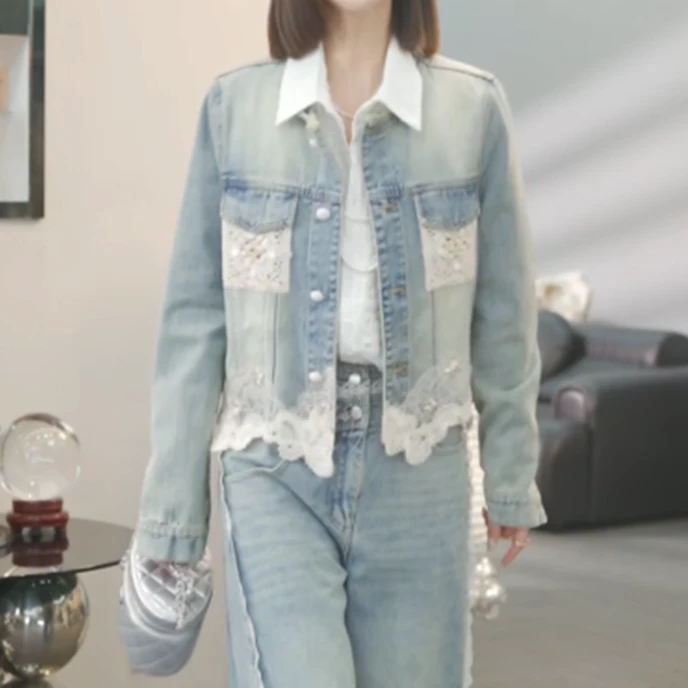 春季新款牛仔外套女蓝色短款时尚破洞渐变重工水洗拼接休闲百搭