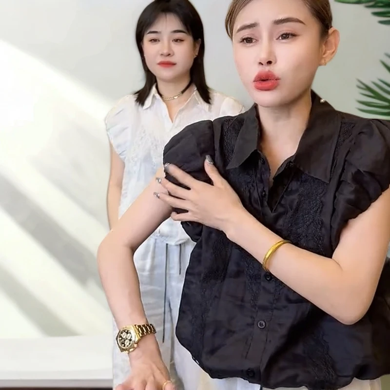 夏季时尚休闲蕾丝方领拼接泡泡袖水洗短袖衬衫百搭上衣显瘦上衣潮