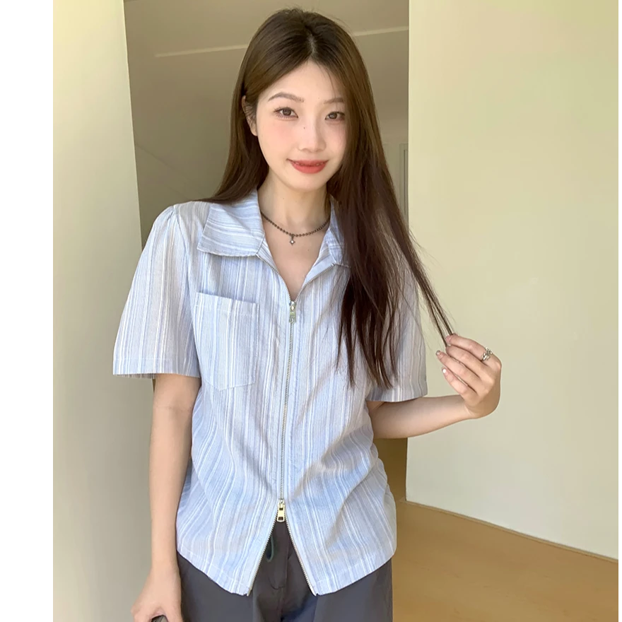 3593大码女装胖妹妹收设计感收腰显瘦遮肚减龄小众衬衫上衣2996