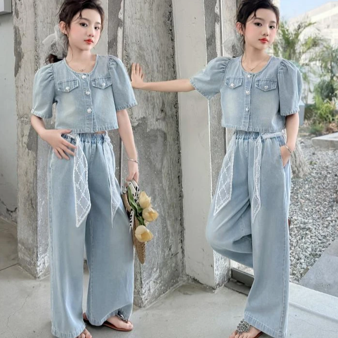 母女装女童夏季亲子同款25年夏季新品牛仔套装配花边腰带洋气阔腿