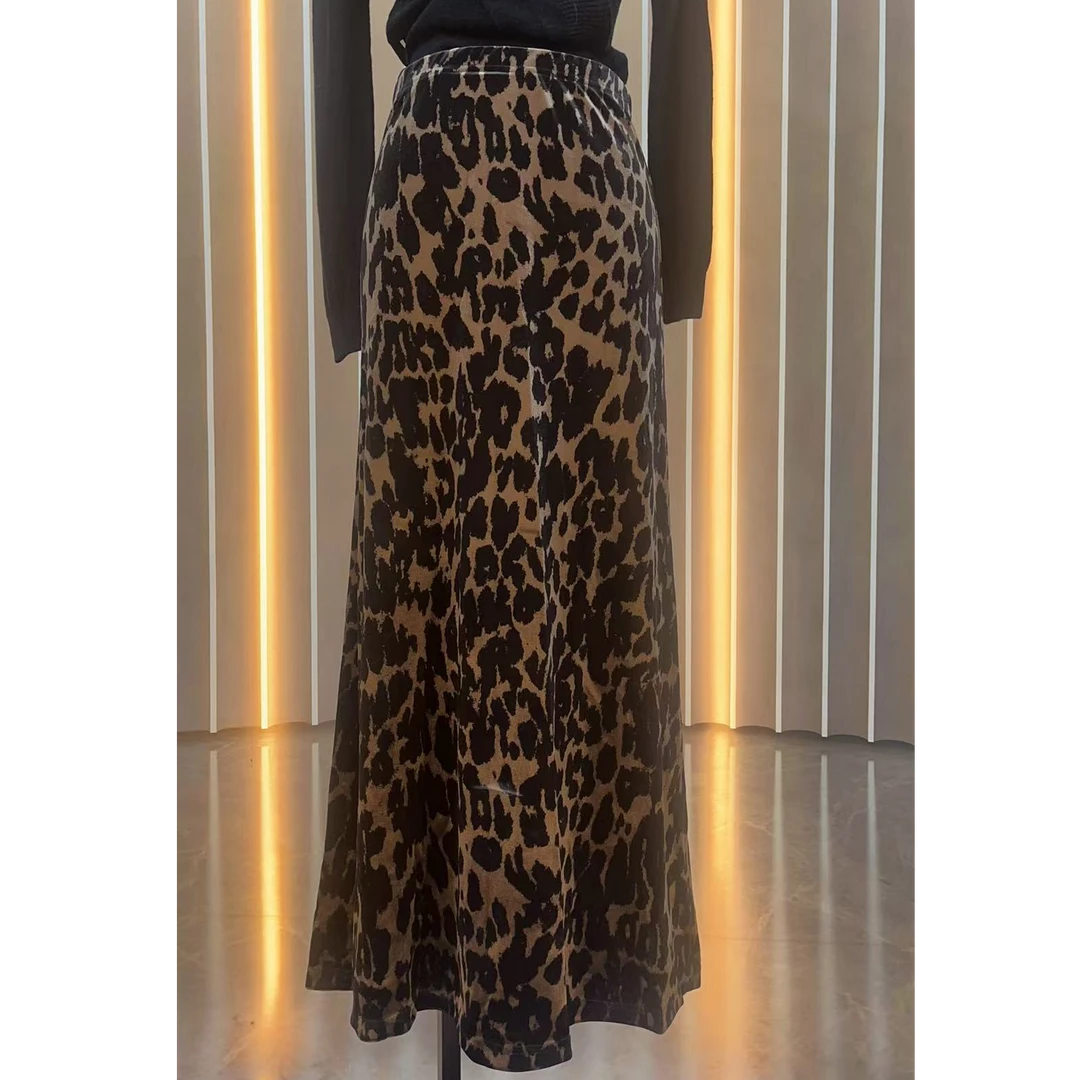 气质高腰中长款豹纹包臀显瘦丝绒松紧腰半身裙