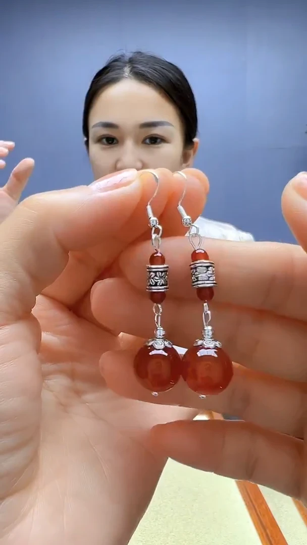 银S925镶嵌南红玛瑙耳饰随昔diy颈饰