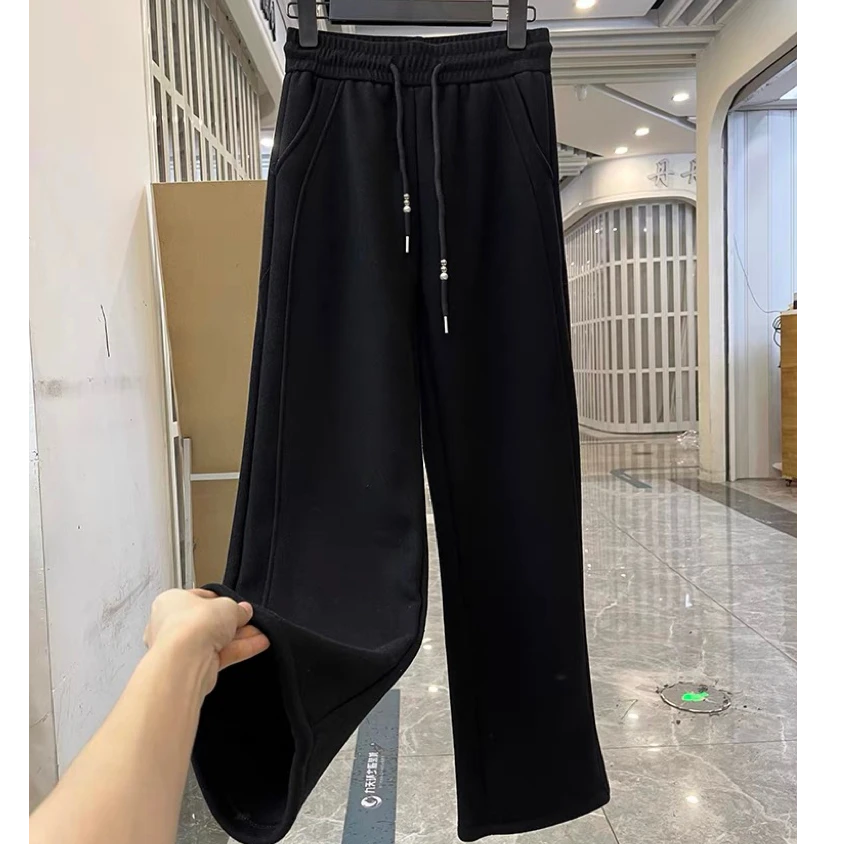 k300-加绒加厚系带时尚百搭宽松保暖奥粒绒高腰直筒休闲裤/