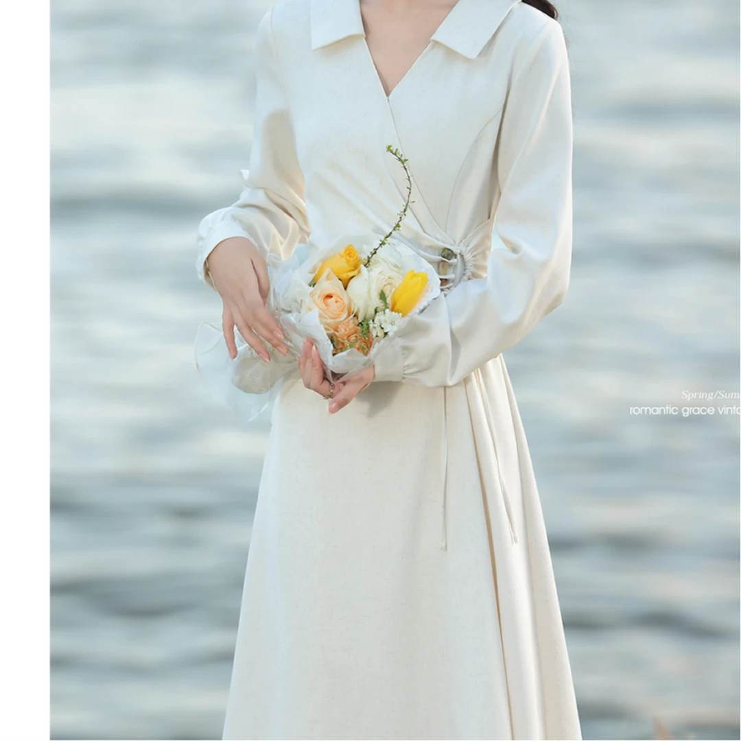 【品牌撤柜款】气质V领杏色连衣裙2025春季新款女装显瘦裙子L52987