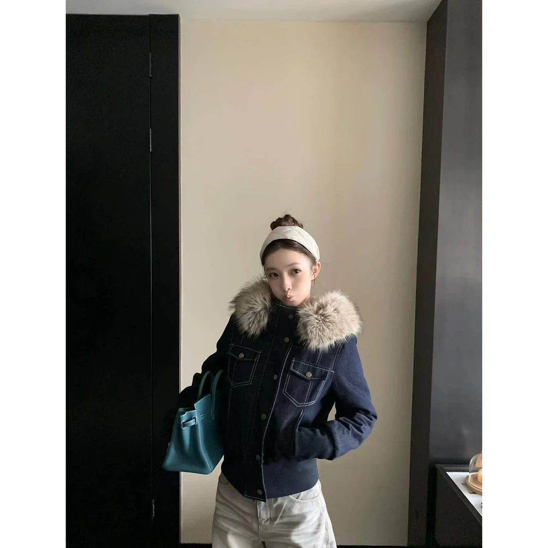 '英格兰街区'复古牛仔连帽环葆毛领夹克外套女C 9940#