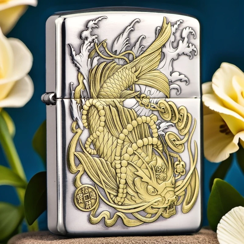 【老李鉴定】zippo打火机鱼化龙镀银双色浮雕盔甲DYJ1