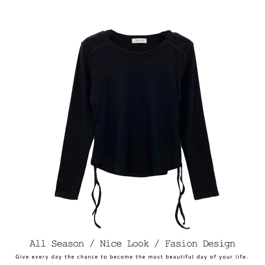 826 长袖T恤女打底衫2025新款女短款甜辣小上衣显瘦正肩黑色#615