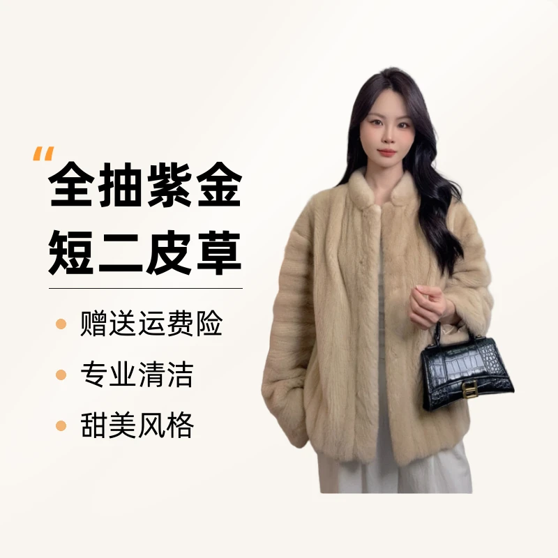 SAILUO DINA/浅黄穿刀全抽紫金短二皮草水貂外套进口水貂