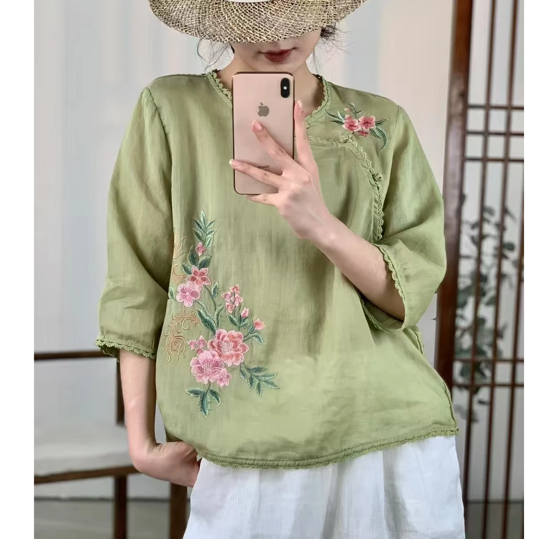 中国风夏季刺绣斜襟文艺新中式女装复古苎麻套头衬衫上衣民族风