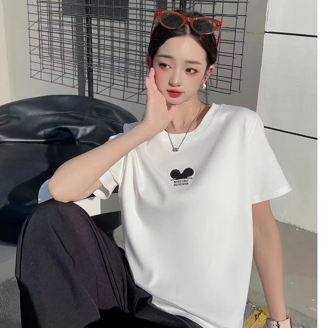 夏季刺绣百搭设计感白色T恤常规袖宽松型常规款潮流短款