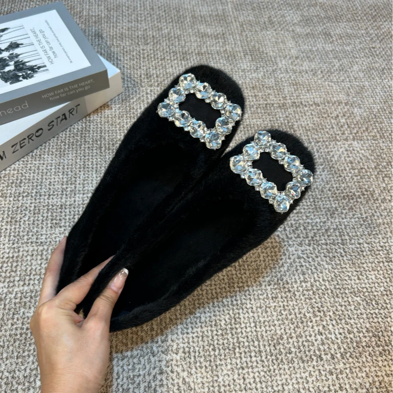 黑色毛毛鞋女秋冬季加绒鞋子法式温柔晚晚水钻方扣轻奢单鞋豆豆鞋