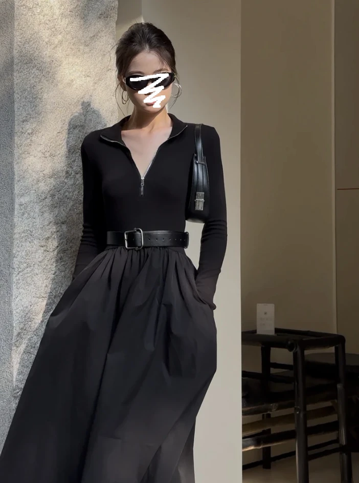 长袖连衣裙法式收腰中长赫本裙设计感收腰显示女装长裙3431#